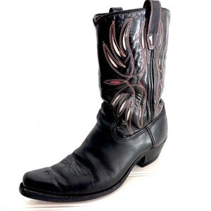 Vintage Cowboy Boots Black Embroidered Genuine Leather